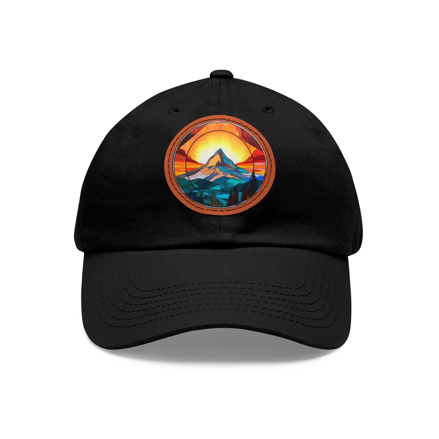 Vibrant Stained Glass Mountain Leather Patch Hat