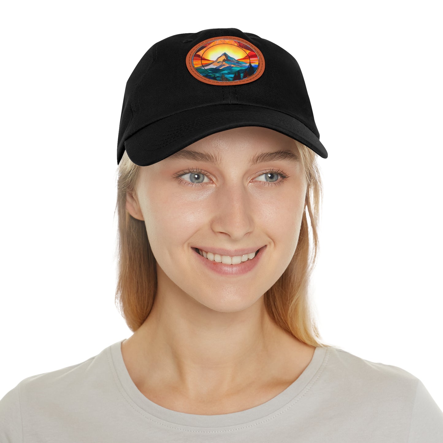 Vibrant Stained Glass Mountain Leather Patch Hat